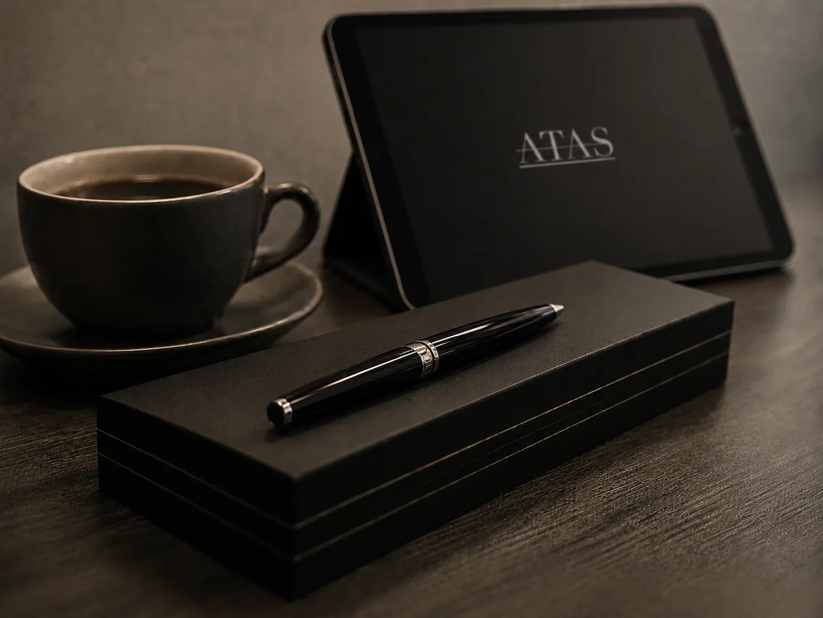 Café, caneta e tablet com a marca ATAS sobre a mesa de reunião do escritório